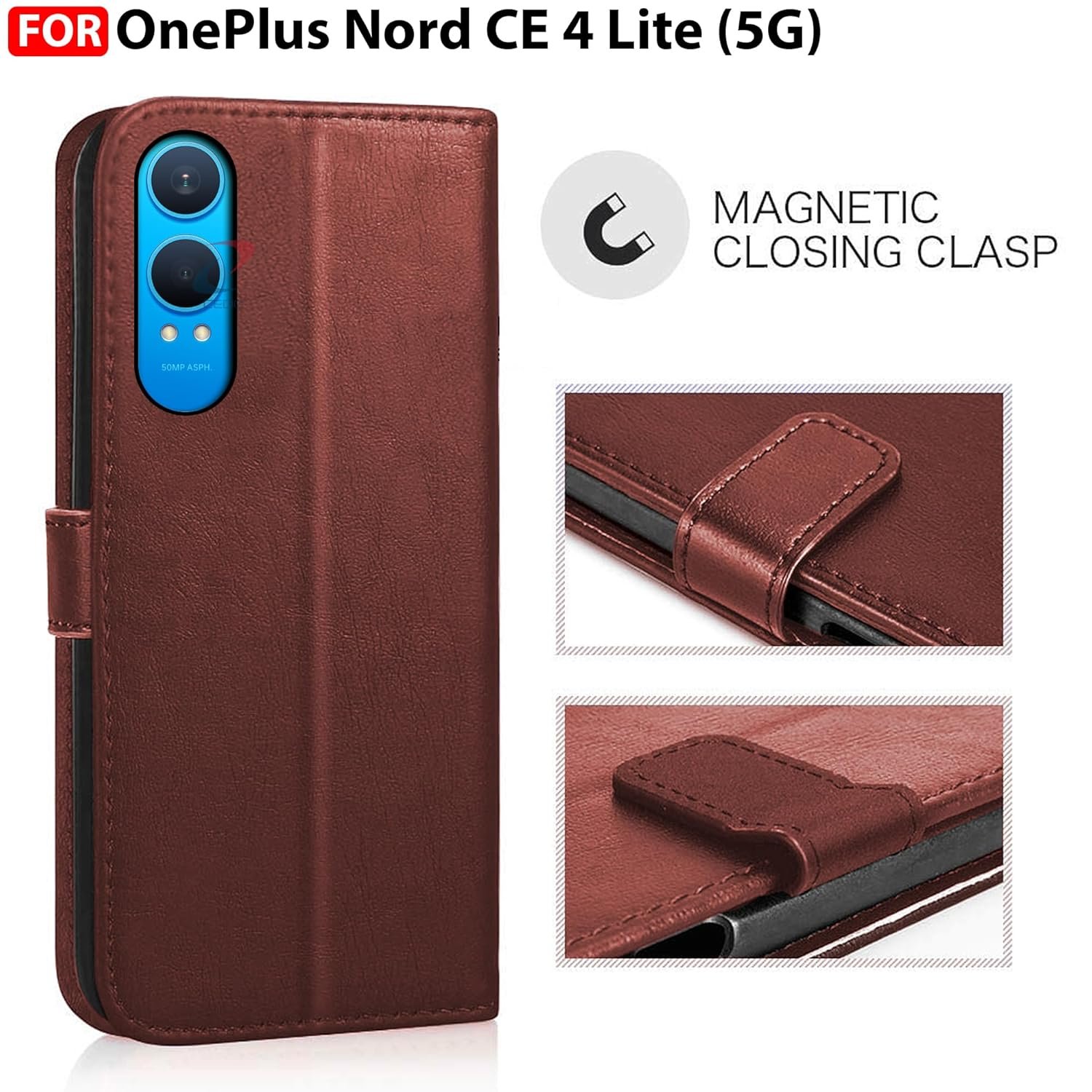 CEDO OnePlus Nord CE 4 lite / CE4 lite (5G) Flip Cover | Leather Finish | Inside Pockets & Inbuilt Stand | Shockproof Wallet Style Magnetic Closure Back Case Flipcover (Brown) - Image 2