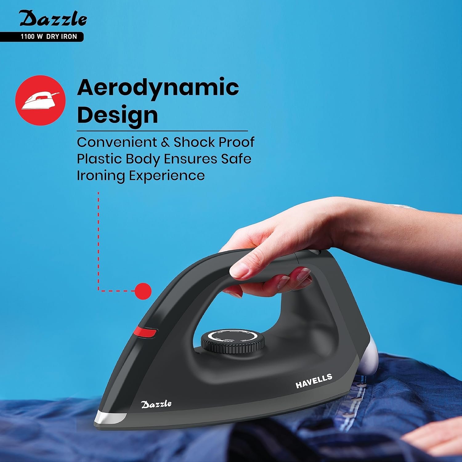 Havells Dry Iron Dazzle 1100 Watts, Iron Press, Greblon Non Sick Soleplate with German Technology| Shock Proof Body| Aerodynamic Design, 360° Swivel Cord|2 Years Door Step Warranty by Havells (Black) - Image 3