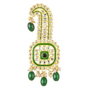 Mahi Royal Green Crystals Safa Kalangi for Groom | Traditional Wedding Sherwani Turban Brooch with Pearls & Beads (KL1001024G)