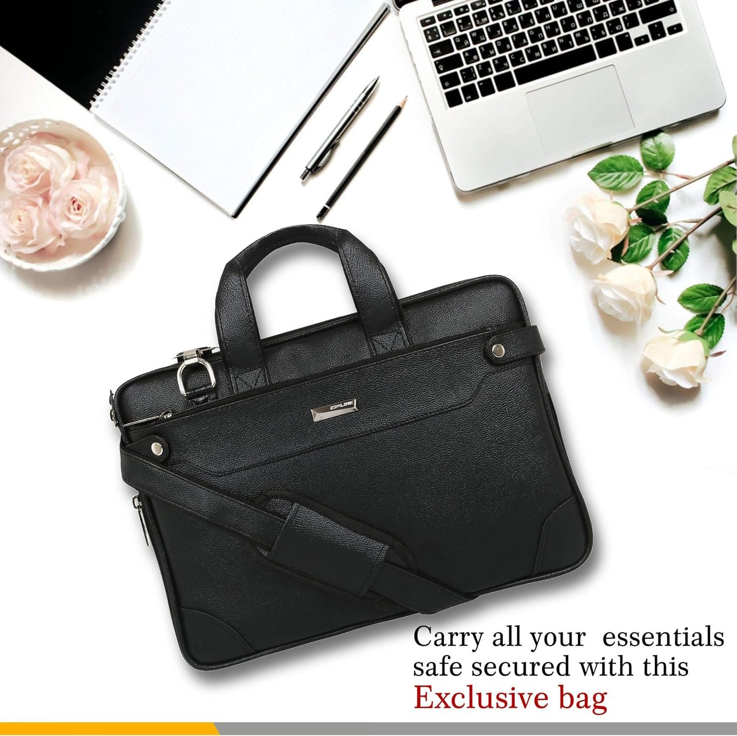 Zipline Laptop bags for men office use | Faux Leather Laptop Bag for Man - Fits 14/15.6/16 inch Laptop, Macbook, Macbook Pro Messenger Bags for Mens (1-Black Bag) - Image 4