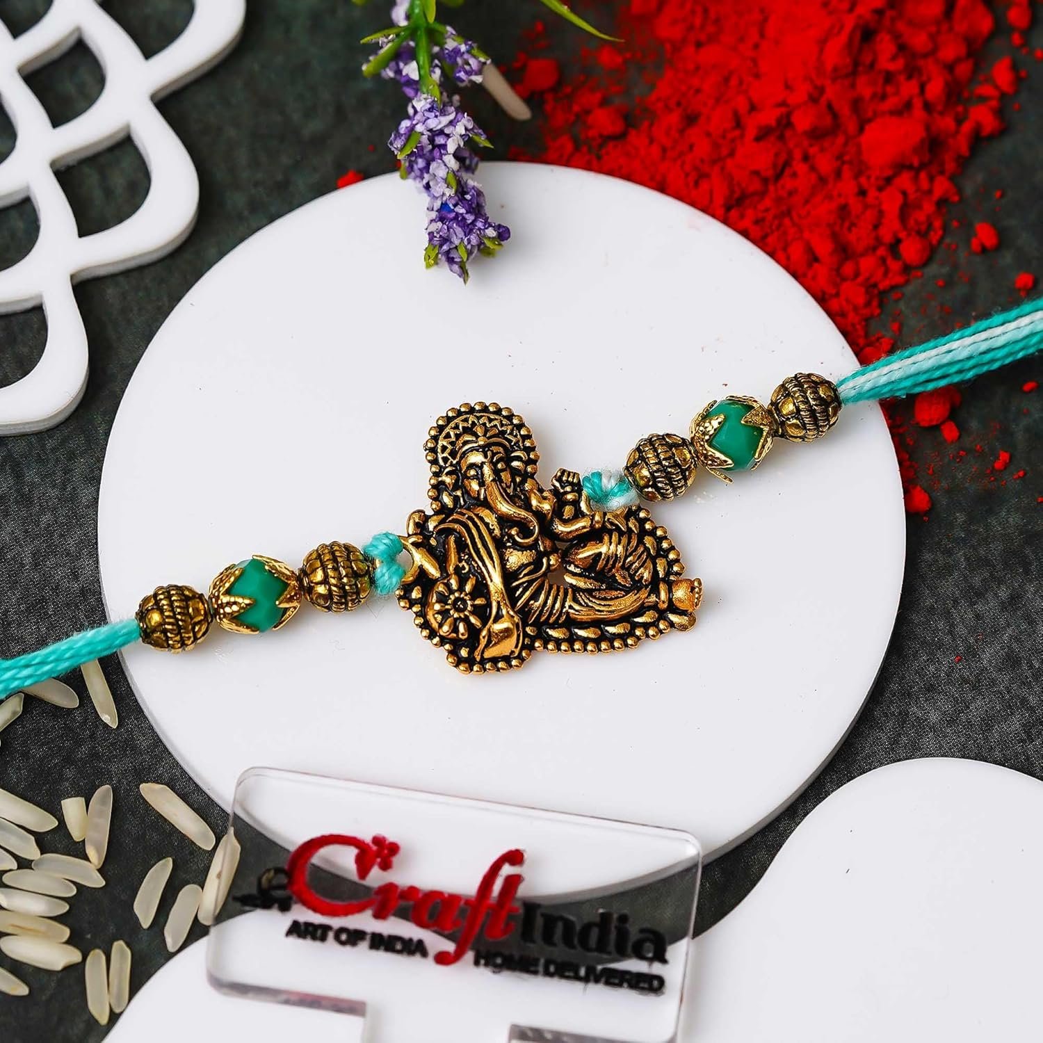 eCraftIndia Golden Lord Ganesha Designer Rakhi for Brother With Gift Combo Set | Raksha Bandhan Rakhi for Bhai Bhaiya | Best Bro Ever Fridge Magnet | Roli Chawal Pack - Image 2