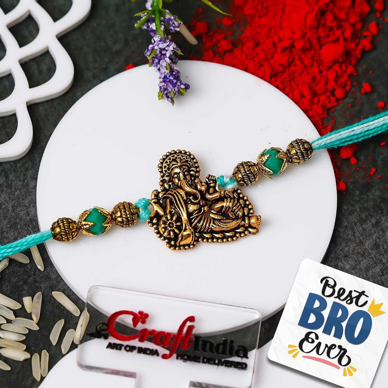 eCraftIndia Golden Lord Ganesha Designer Rakhi for Brother With Gift Combo Set | Raksha Bandhan Rakhi for Bhai Bhaiya | Best Bro Ever Fridge Magnet | Roli Chawal Pack