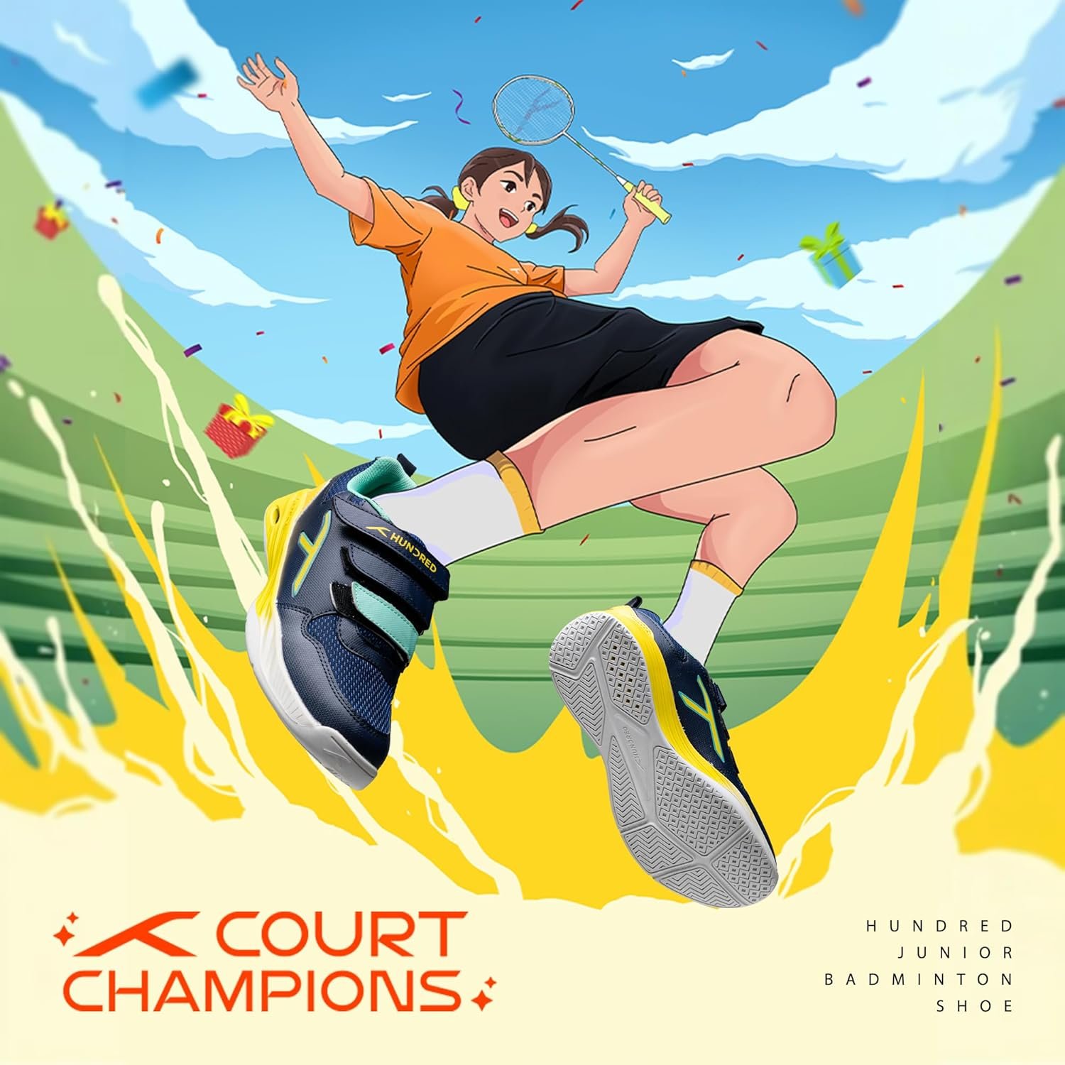 Hundred Court Champions Unisex Non-Marking Court Shoes | Badminton, Pickleball, Table Tennis & Other Indoor Sports | Lightweight, Cushioned GripNavy/Yellow/Green ; UK 5 - Image 2