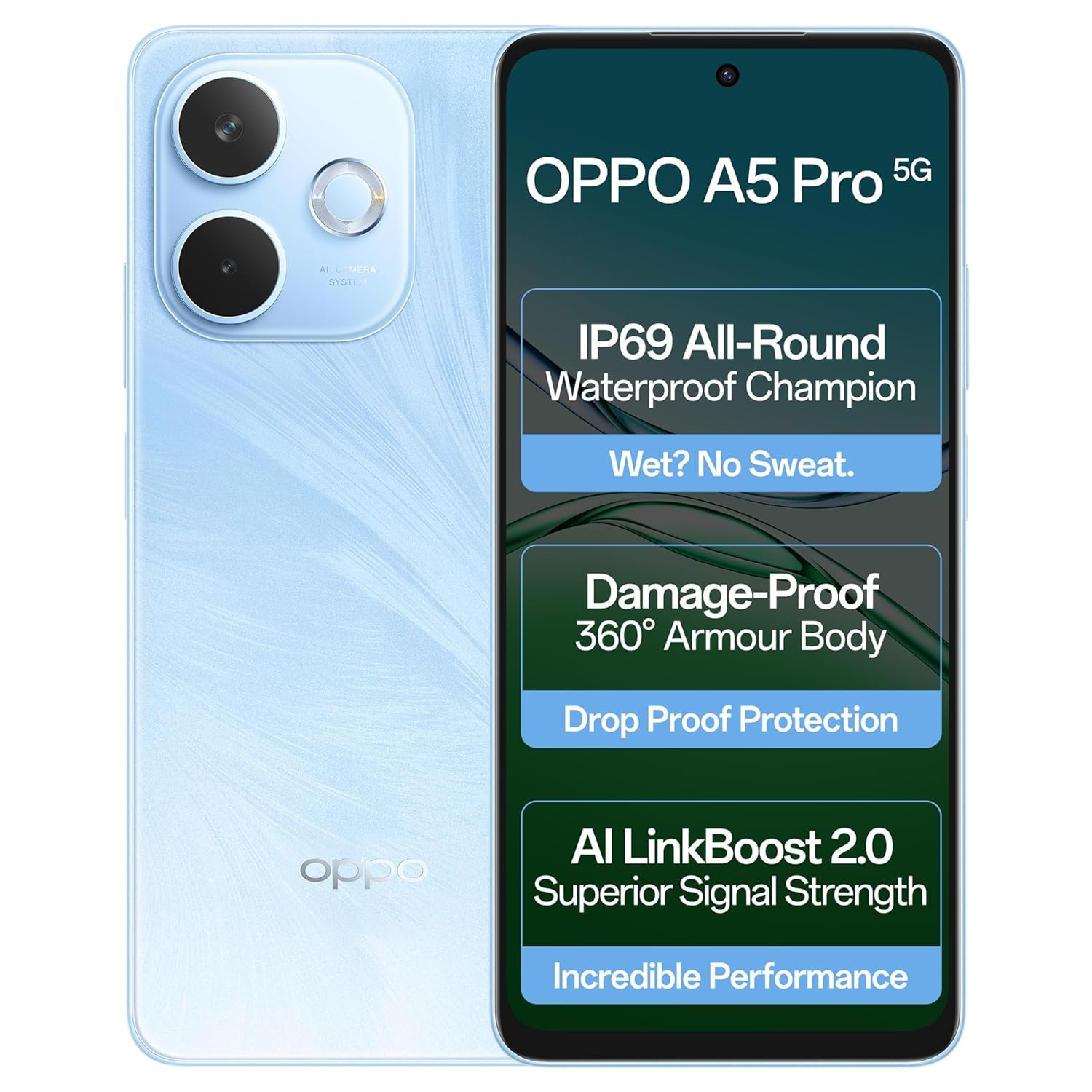 OPPO A5 Pro 5G (Feather Blue, 8GB RAM, 256GB Storage)|6.67” HD+ 120Hz Refresh Rate Screen | 45W SUPERVOOC|with No Cost EMI/Additional Exchange Offers.
