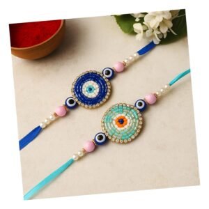 Evil Eye Rakhi for Brother – Set of 2 | Handmade Designer Protection Rakhdi thread | Latest Evil Eye Rakhi with Roli Chawal, Hamsa Hand भाई के लिए राखी