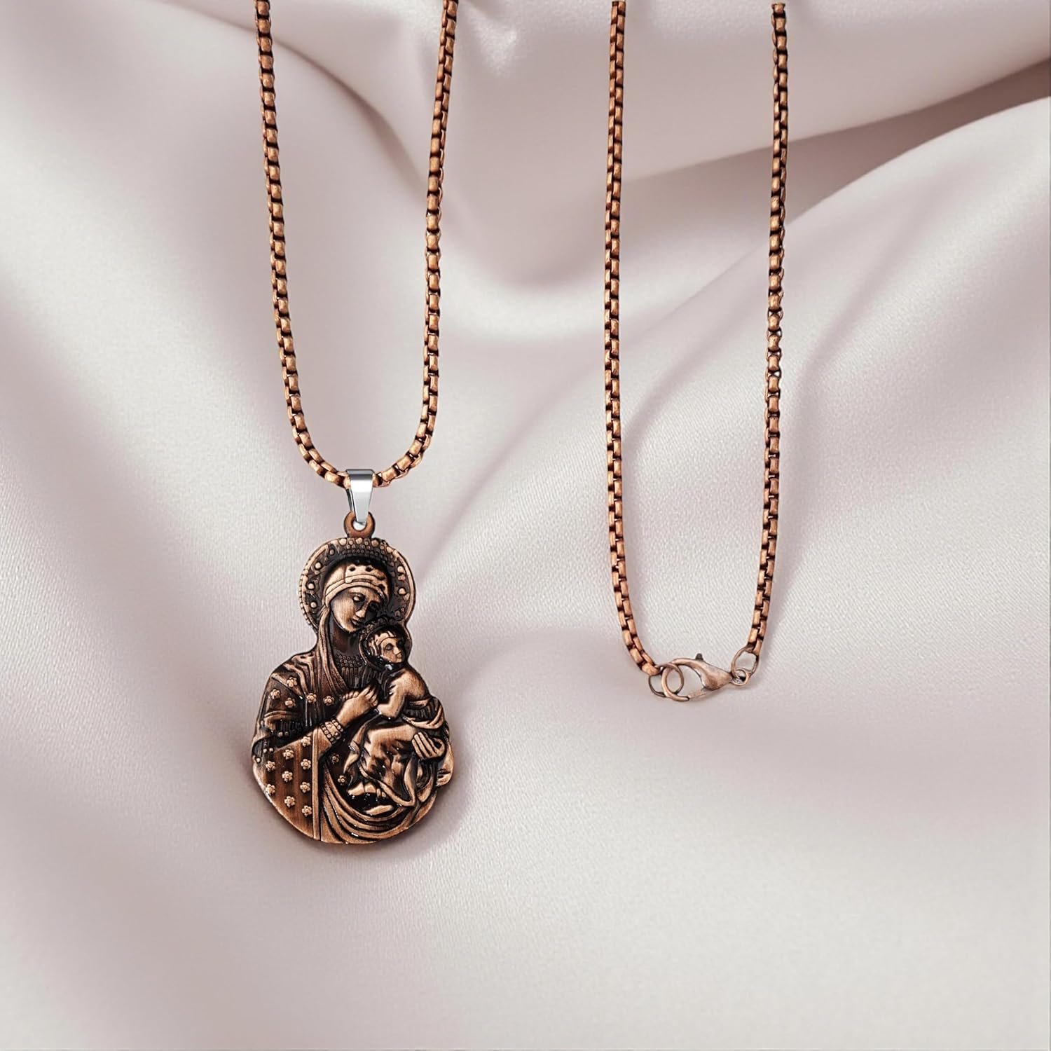 M Men Style Virgin Mary & Baby Jesus Pendant Necklace for Men & Women | Antique Copper-Tone Religious Pendant with 22 Inch Chain | Christian Faith Jewelry Gift Copper SPn2025345 - Image 5