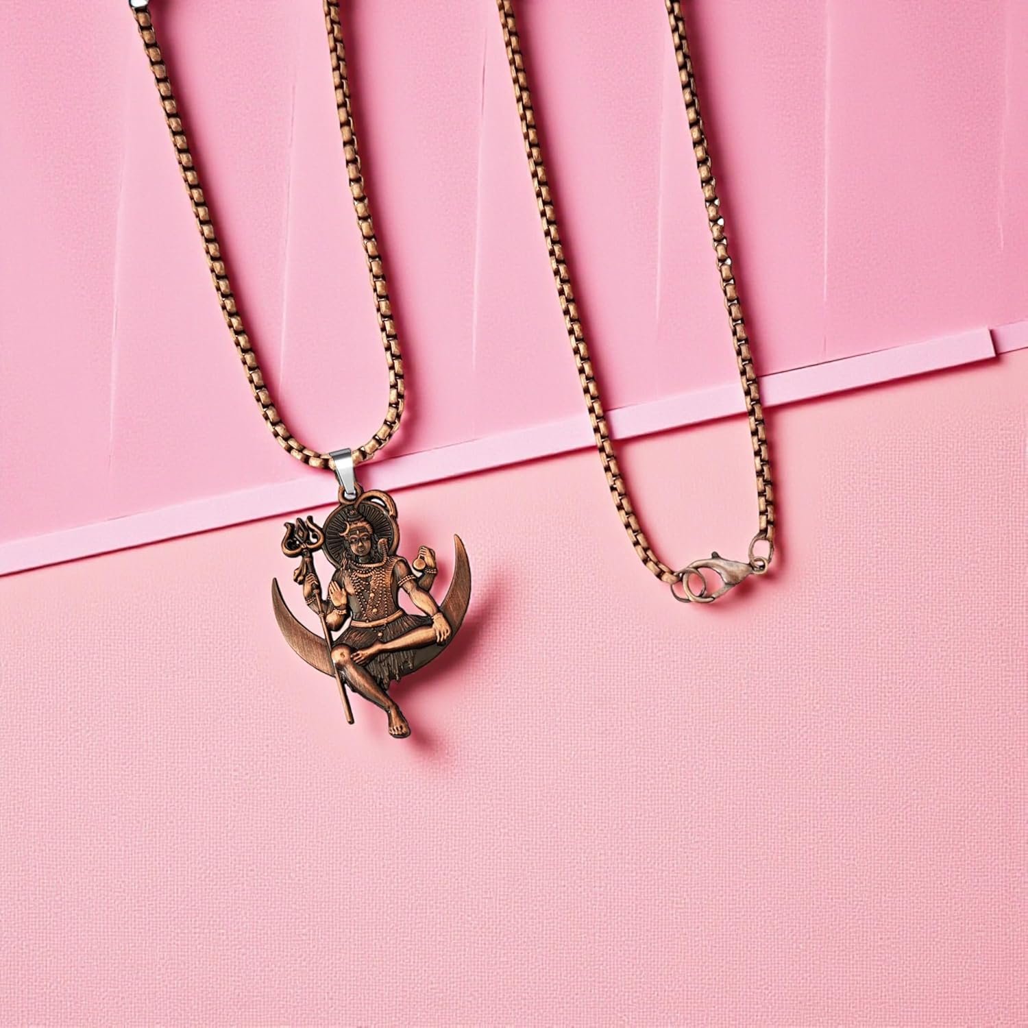 M Men Style Solid Brass Lord Shiva Pendant Necklace With 22 Inch Box Stainless Steel Chain - Hindu God Amulet for Protection & Devotion-Mahadev Amulet Jewelry for Men & Women - Image 4