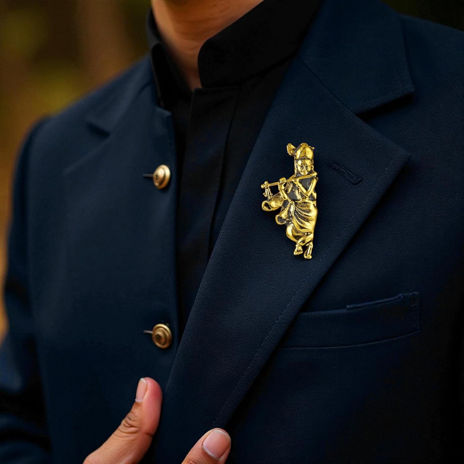 Mahi Divine Lord Krishna Flute Design Antique Finish Unisex Brooch Pin | Ethnic Lapel Pin for Blazer, Kurta, Saree & Dupatta | Traditional Indian Jewelry (PABP1101247PR) - Image 2