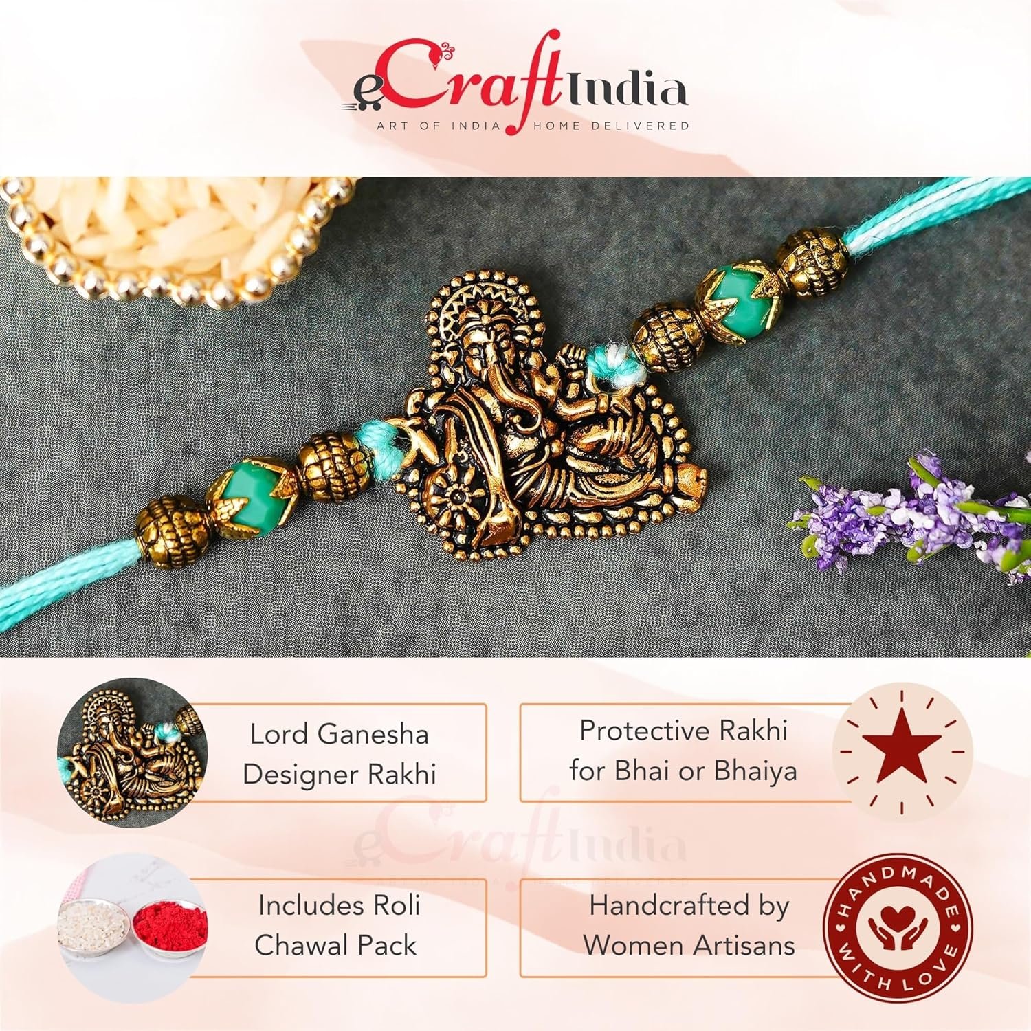 eCraftIndia Golden Lord Ganesha Designer Rakhi for Brother With Gift Combo Set | Raksha Bandhan Rakhi for Bhai Bhaiya | Best Bro Ever Fridge Magnet | Roli Chawal Pack - Image 4