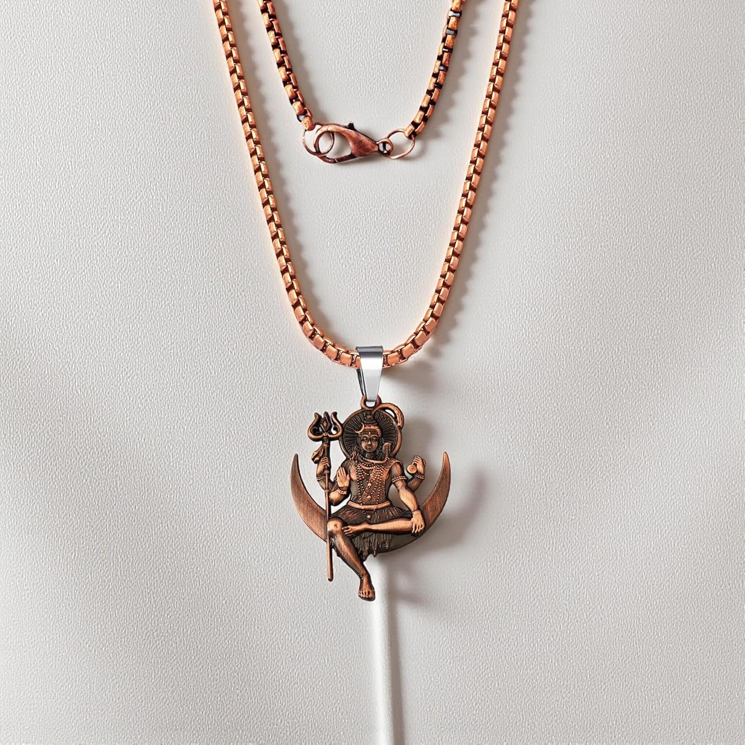 M Men Style Solid Brass Lord Shiva Pendant Necklace With 22 Inch Box Stainless Steel Chain - Hindu God Amulet for Protection & Devotion-Mahadev Amulet Jewelry for Men & Women - Image 3