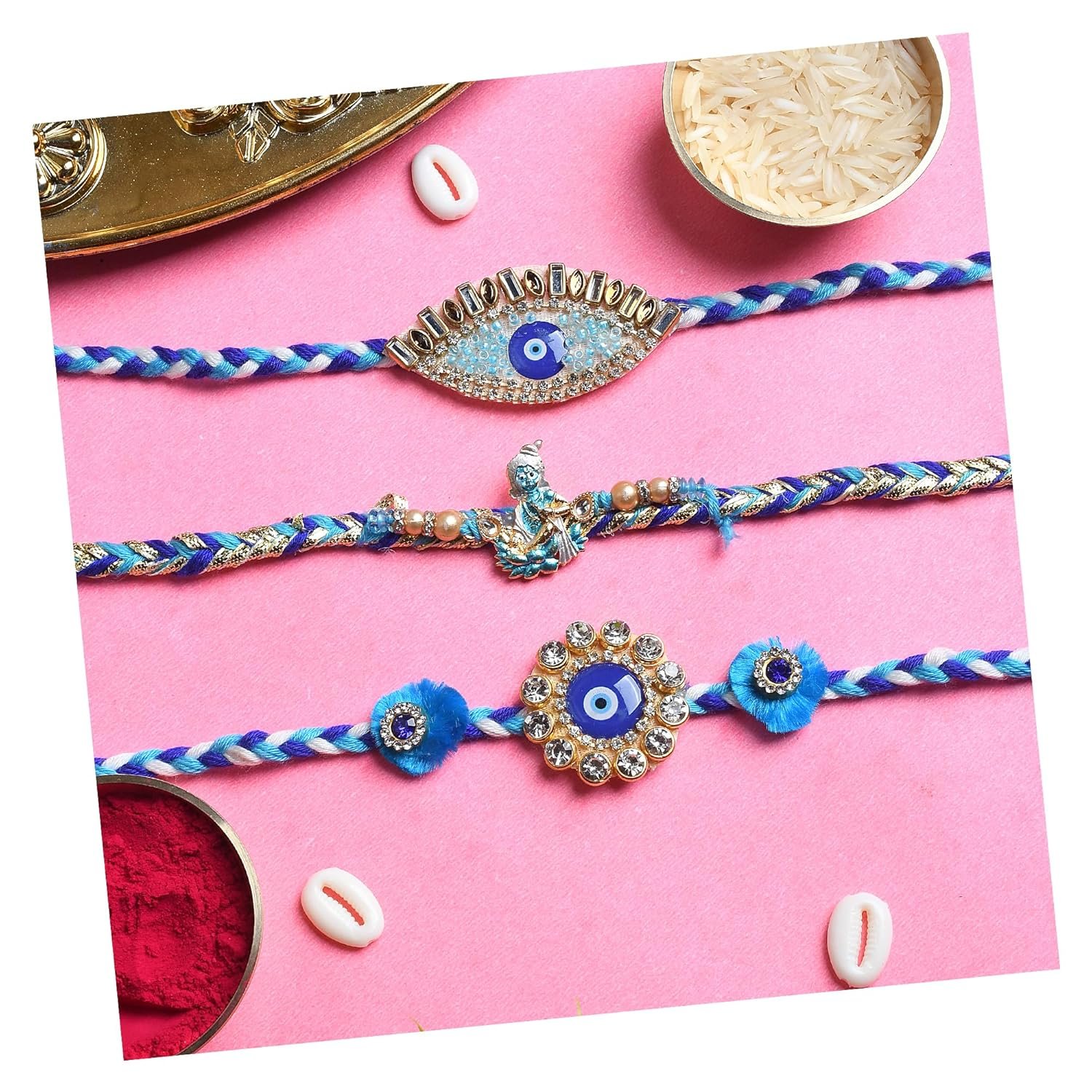 Premium Evil Eye Rakhi for Brother Bhai | Handmade Designer Evil eye Nazar Rakhi Combo for bhaiya Bhabhi Brother with Intricate Threadwork and roli chawal, Gift packing, Raksha Bandhan 2025