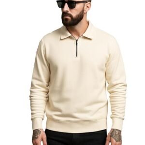 RodZen Men’s Cotton LoopKnit Spread Collar Neck Line Zipper Closure Full Sleeves Solid Regular Fit T-Shirt