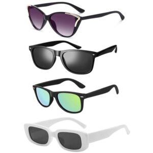 Unisex UV 400 Protected Rectangular, Candy, Cateye Sunglasses For Women And Men | Stylish Classic Shades Black, Green, White | Latest Branded Combo Offer Pack Of Fashion Glasses With Box #1630