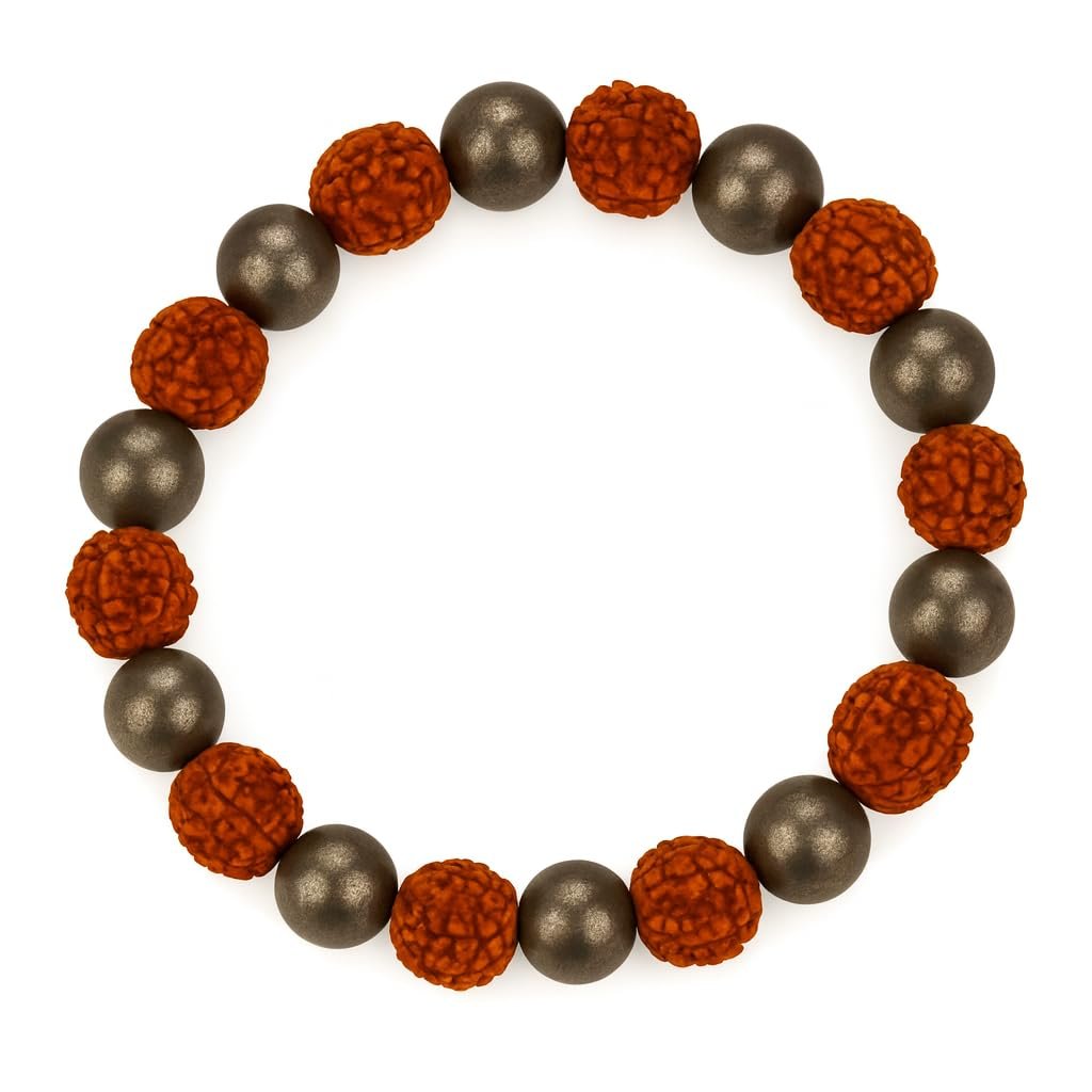 GemAura Collection – Natural Pyrite & 5 Mukhi Rudraksha Bead Bracelet for Men & Women | Zodiac Bracelet for Aries, Taurus, Gemini, Cancer, Leo, Virgo, Libra, Scorpio, Sagittarius, Capricorn, Aquarius & Pisces | Designed to Attract Wealth, Enhance Focus, Boost Confidence & Mindfulness | Handmade Spiritual | Stretchable 7-Inch Unisex