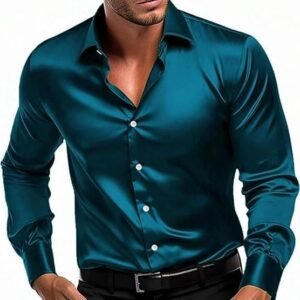 Men’s Satin Shirt with Spread Collar Neck Line Solid Pattern Full Sleeves Regular Fit Western Style and Standard Length