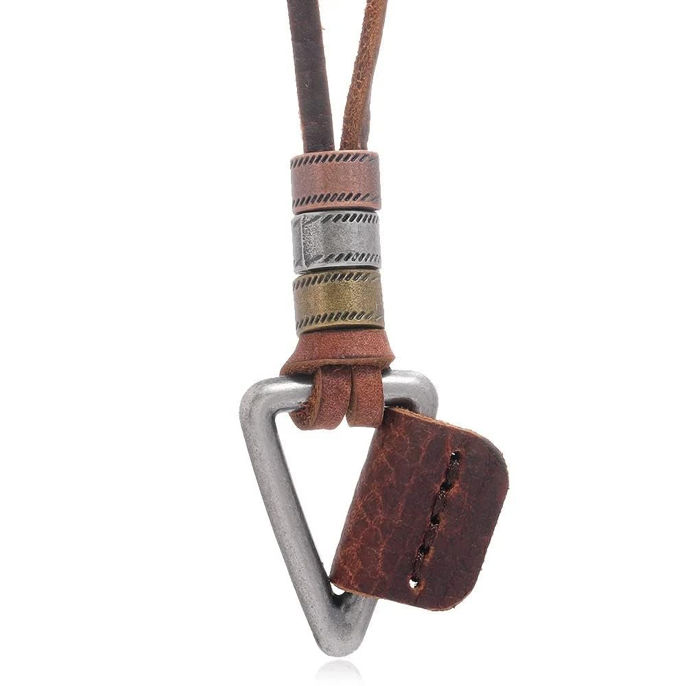THE MEN THING TRIGON BROWN - Vintage Alloy Triangle Pendant with Adjustable Pure Leather Cord Necklace for Men & Boys
