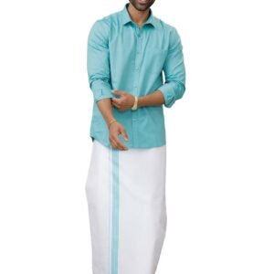 RAMRAJ COTTON Men Full Sleeve Solid Shirt With Matching Border Dhoti|Ideal For Weddings And Occasion