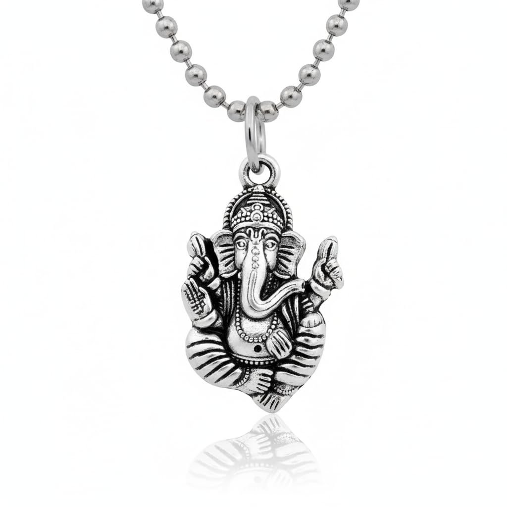 Silver Finish Lord Ganesha Ganpati Vighnaharta Spiritual Pendant Necklace for Men Women
