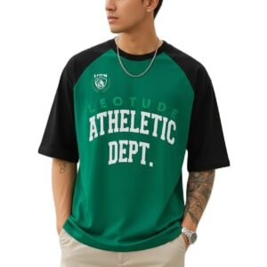 LEOTUDE Men’s Half Sleeve Cottonblend Colourblocked Printed Round Neck Drop Shoulder Raglan Sleeve Oversized Tshirt for Man (Color Blk-Green)