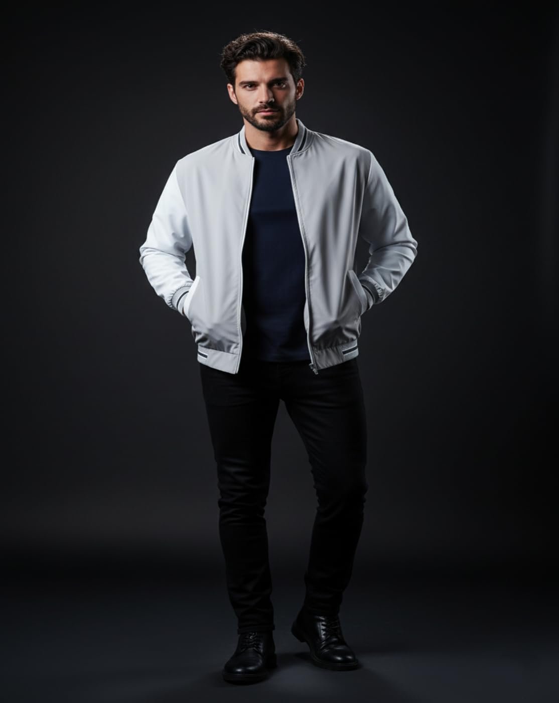 Men Street Style Bomber Jacket | Grey White Colorblock | Trendy Casual Outerwear for Winter Season - Image 2
