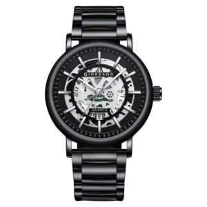 Giordano Classic Skeleton Design Watch for Men with Super Luminous Hands, Stainless Steel Strap, and Date Display