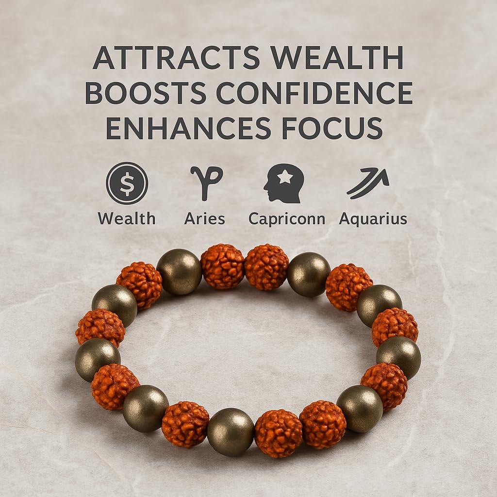 GemAura Collection – Natural Pyrite & 5 Mukhi Rudraksha Bead Bracelet for Men & Women | Zodiac Bracelet for Aries, Taurus, Gemini, Cancer, Leo, Virgo, Libra, Scorpio, Sagittarius, Capricorn, Aquarius & Pisces | Designed to Attract Wealth, Enhance Focus, Boost Confidence & Mindfulness | Handmade Spiritual | Stretchable 7-Inch Unisex - Image 5