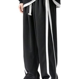 GRECIILOOKS Men’s Wide Leg Track Pants with Contrast Side Panel || Relaxed Drawstring Fit Streetwear Trousers || Poly Blend Casual Joggers
