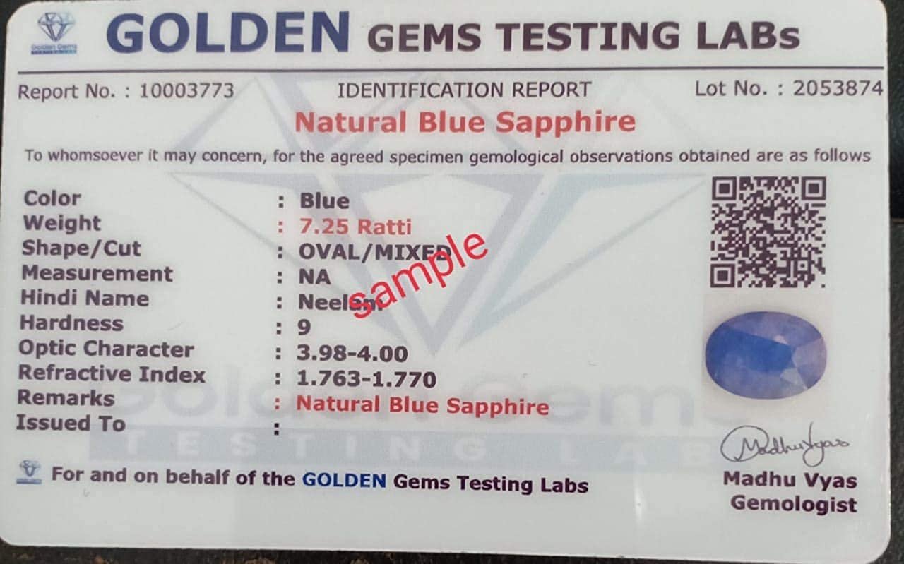 DAURAYA GEMS 11.25 Ratti / 10.00 Carat Neelam Stone Original Certified Natural Blue Sapphire Birth Stone/Rashi Ratan/Ceylon Quality Gemstone for Astrologcal Purpose (HI08)