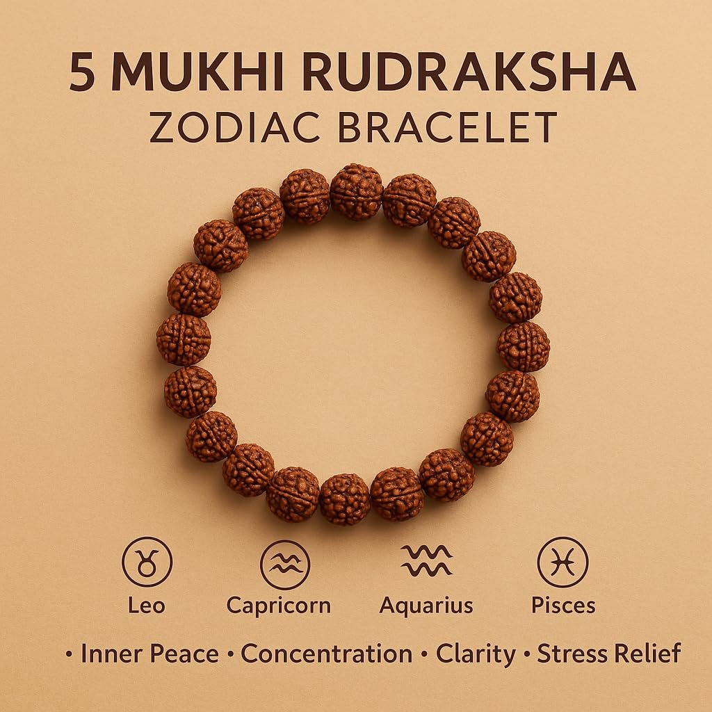 GemAura Collection – Natural 5 Mukhi Rudraksha Bead Bracelet for Men & Women | Zodiac Bracelet for Aries, Taurus, Gemini, Cancer, Leo, Virgo, Libra, Scorpio, Sagittarius, Capricorn, Aquarius & Pisces | Designed to Support Inner Calm, Mental Focus, Positive Energy & Mindfulness | Handmade Spiritual Bracelet | Stretchable 7-Inch Unisex - Image 2