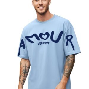 LEOTUDE Half Sleeve Cottonblend Graphic Print Round Neck Drop Shoulder Oversized Dailywear Tshirt for Man (Color Aqua Blue)