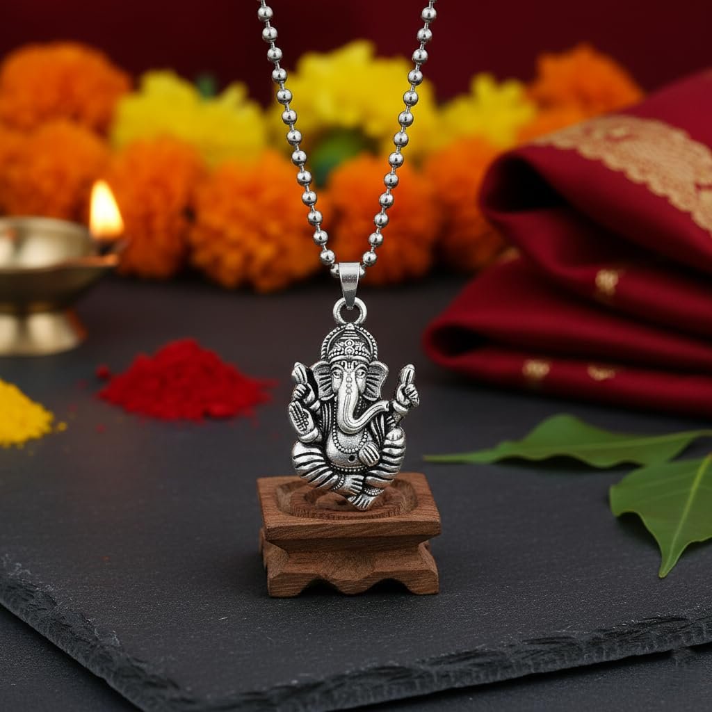 Silver Finish Lord Ganesha Ganpati Vighnaharta Spiritual Pendant Necklace for Men Women - Image 4