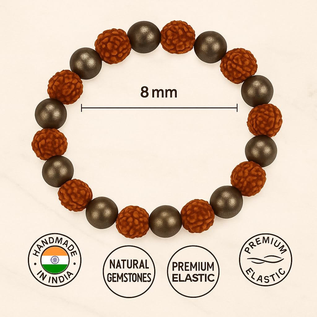 GemAura Collection – Natural Pyrite & 5 Mukhi Rudraksha Bead Bracelet for Men & Women | Zodiac Bracelet for Aries, Taurus, Gemini, Cancer, Leo, Virgo, Libra, Scorpio, Sagittarius, Capricorn, Aquarius & Pisces | Designed to Attract Wealth, Enhance Focus, Boost Confidence & Mindfulness | Handmade Spiritual | Stretchable 7-Inch Unisex - Image 6