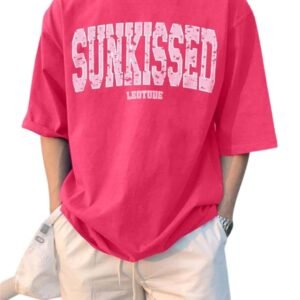 LEOTUDE Oversized Half Sleeve Cottonblend Graphic Print Round Neck Drop Shoulder Baggie Tshirt for Man (Color Pink)