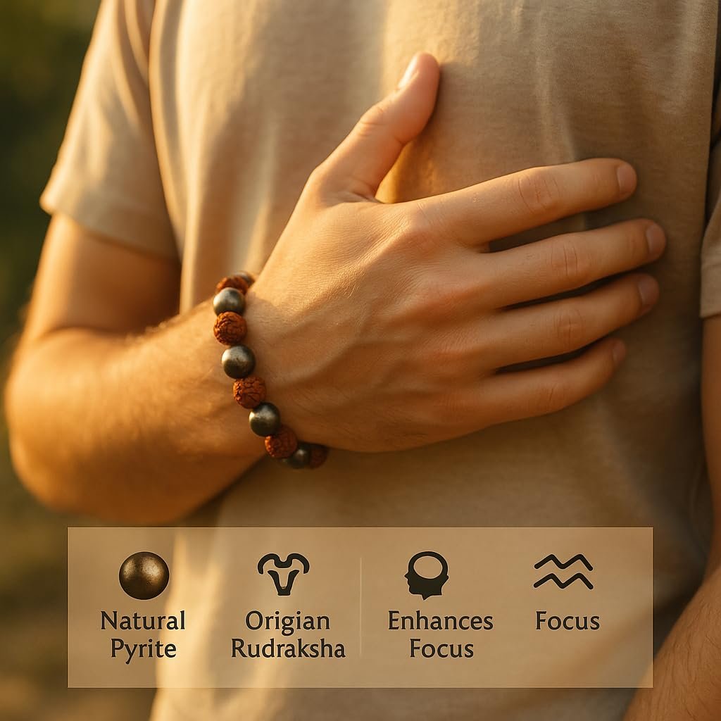 GemAura Collection – Natural Pyrite & 5 Mukhi Rudraksha Bead Bracelet for Men & Women | Zodiac Bracelet for Aries, Taurus, Gemini, Cancer, Leo, Virgo, Libra, Scorpio, Sagittarius, Capricorn, Aquarius & Pisces | Designed to Attract Wealth, Enhance Focus, Boost Confidence & Mindfulness | Handmade Spiritual | Stretchable 7-Inch Unisex - Image 7