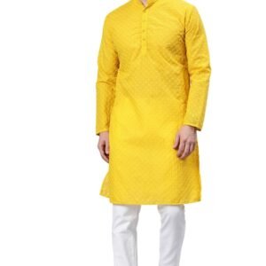Majestic Man Men’s Cotton Blend Regular Fit Casual Polyester Mandarin Collar Ethnic Motifs Embroidered Long Regular Kurta