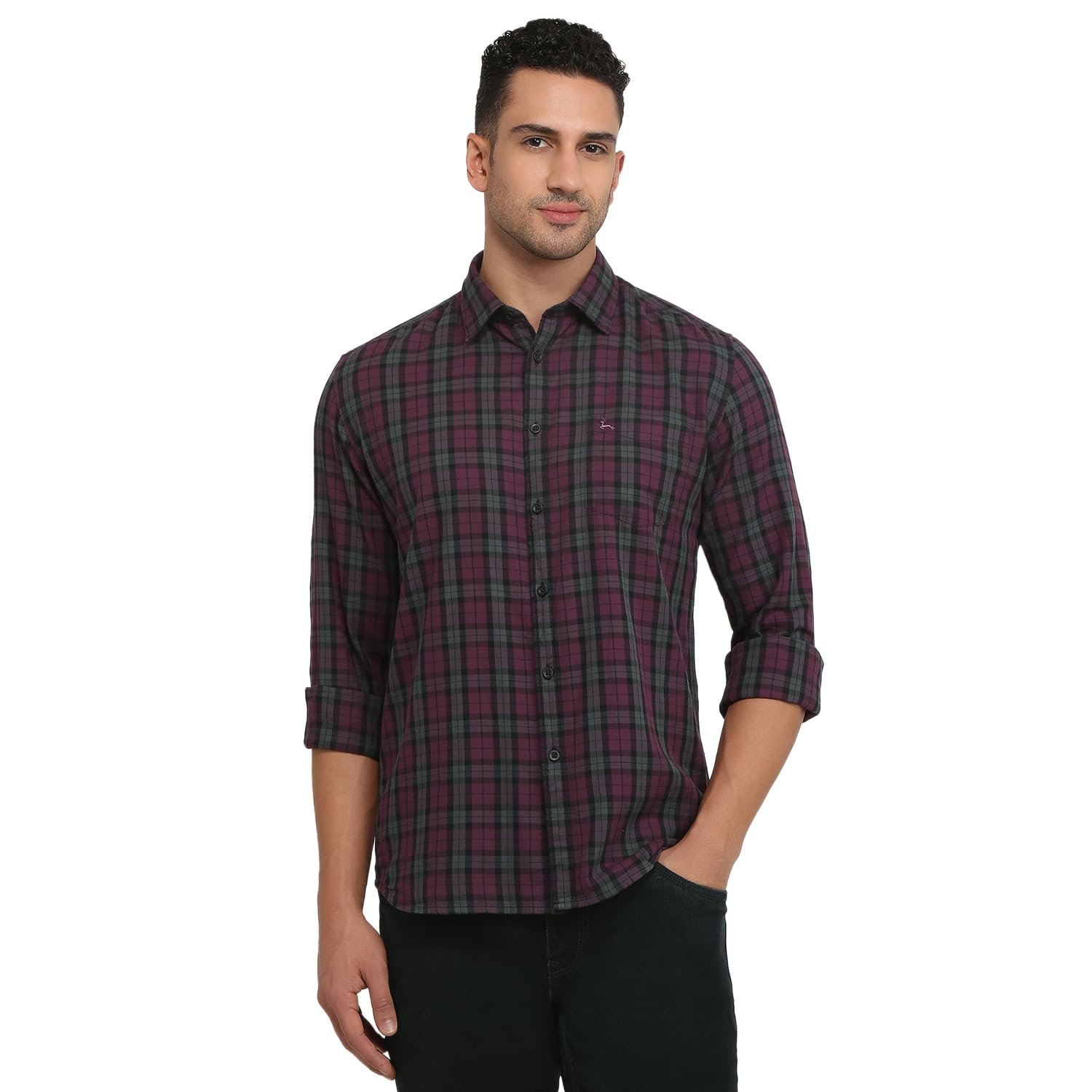 Parx Men Slim Fit Checks Pattern Pure Cotton Semi Cutaway Collar Full Sleeve Casual Shirt