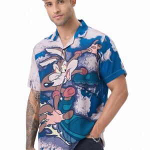 The Souled Store Looney Tunes: Skater Men and Boys Short Sleeve Cuban Collar Button Front Blue All Over Printed Easy to Style Funky Trendy Regular Fit Rayon Holiday Shirt