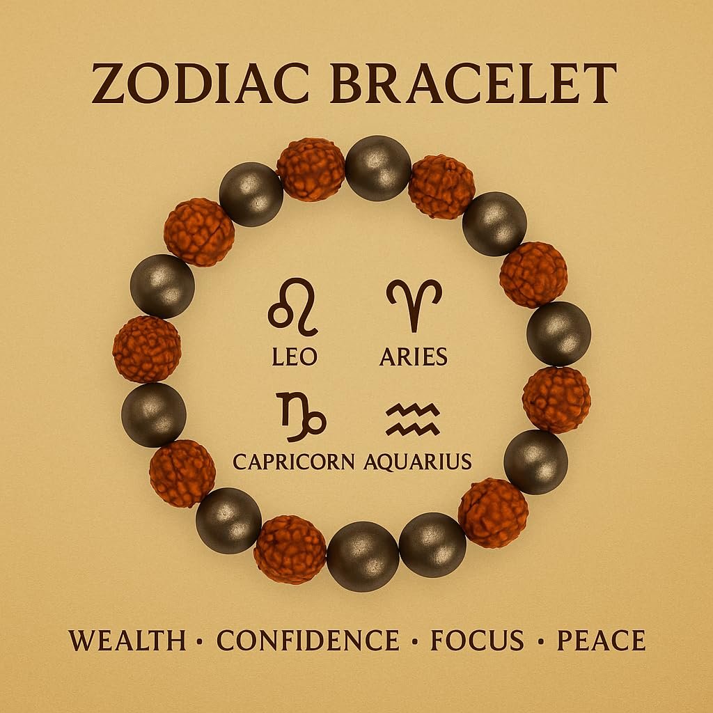 GemAura Collection – Natural Pyrite & 5 Mukhi Rudraksha Bead Bracelet for Men & Women | Zodiac Bracelet for Aries, Taurus, Gemini, Cancer, Leo, Virgo, Libra, Scorpio, Sagittarius, Capricorn, Aquarius & Pisces | Designed to Attract Wealth, Enhance Focus, Boost Confidence & Mindfulness | Handmade Spiritual | Stretchable 7-Inch Unisex - Image 2