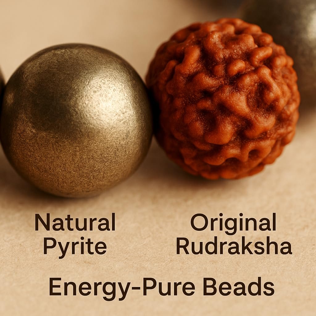 GemAura Collection – Natural Pyrite & 5 Mukhi Rudraksha Bead Bracelet for Men & Women | Zodiac Bracelet for Aries, Taurus, Gemini, Cancer, Leo, Virgo, Libra, Scorpio, Sagittarius, Capricorn, Aquarius & Pisces | Designed to Attract Wealth, Enhance Focus, Boost Confidence & Mindfulness | Handmade Spiritual | Stretchable 7-Inch Unisex - Image 3