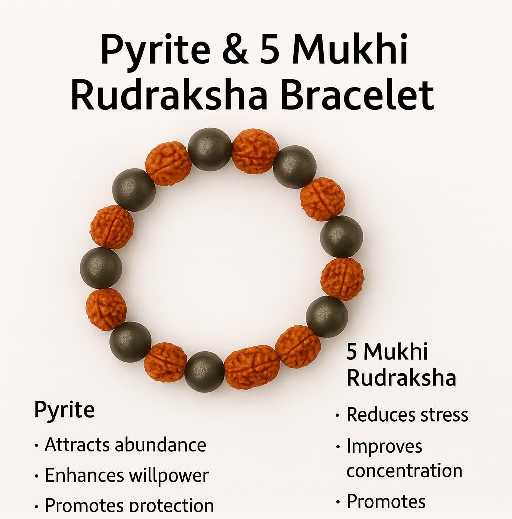 GemAura Collection – Natural Pyrite & 5 Mukhi Rudraksha Bead Bracelet for Men & Women | Zodiac Bracelet for Aries, Taurus, Gemini, Cancer, Leo, Virgo, Libra, Scorpio, Sagittarius, Capricorn, Aquarius & Pisces | Designed to Attract Wealth, Enhance Focus, Boost Confidence & Mindfulness | Handmade Spiritual | Stretchable 7-Inch Unisex - Image 4