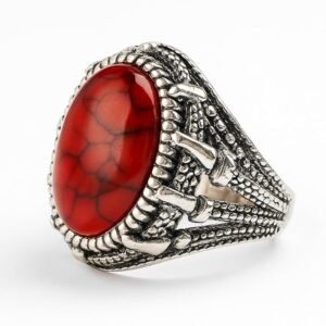 Vintage Statement Ring, Red Oval Stone, Antique Silver Tone, Ornate Metal Work, FreeSize