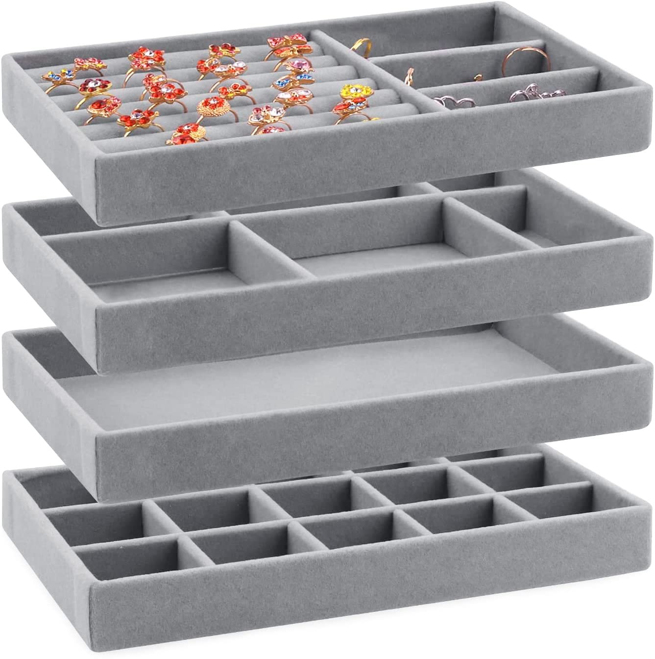 Jewelry Organizer for Drawers Tray Jewelry Stackable Jewelry Organizer for Storage and Display Earrings Necklaces 4PCS (Gray)