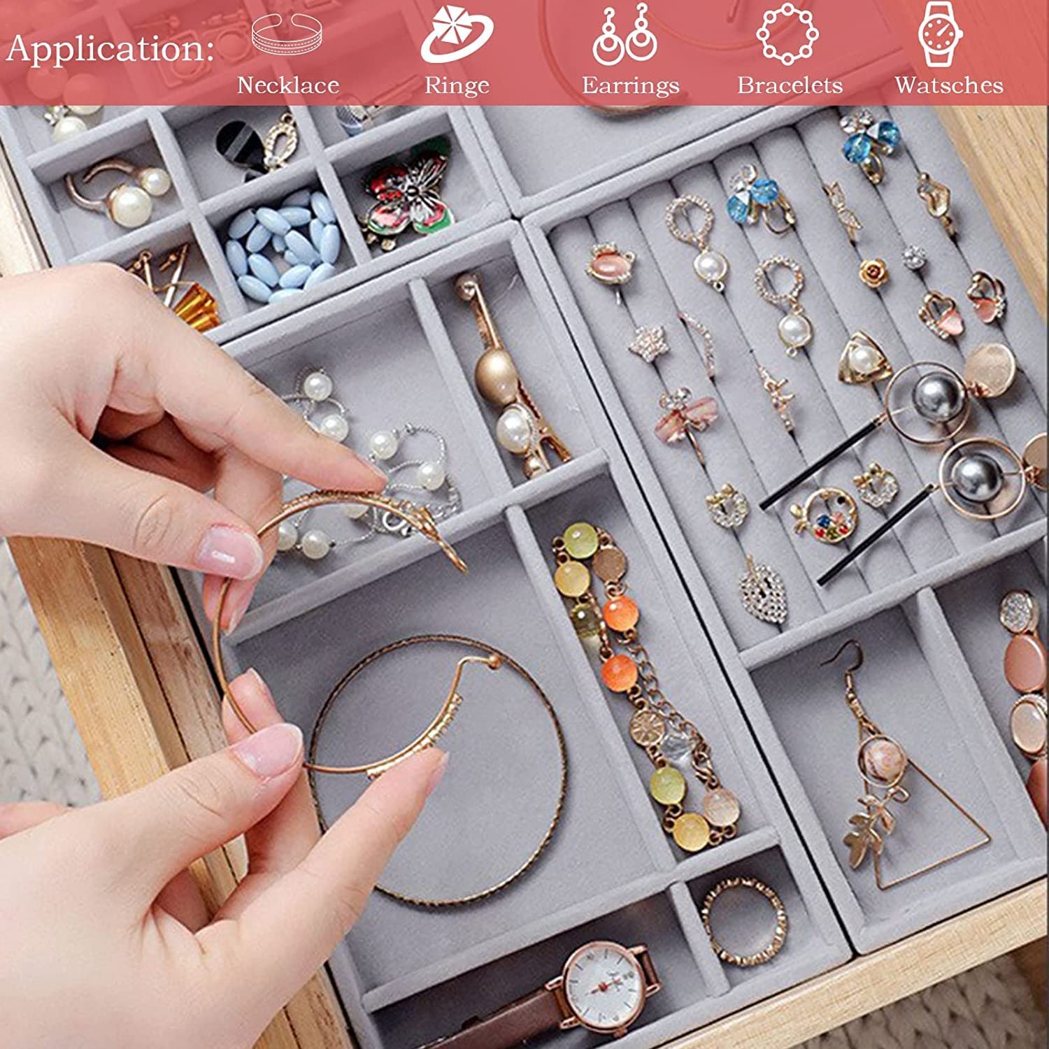Jewelry Organizer for Drawers Tray Jewelry Stackable Jewelry Organizer for Storage and Display Earrings Necklaces 4PCS (Gray) - Image 4