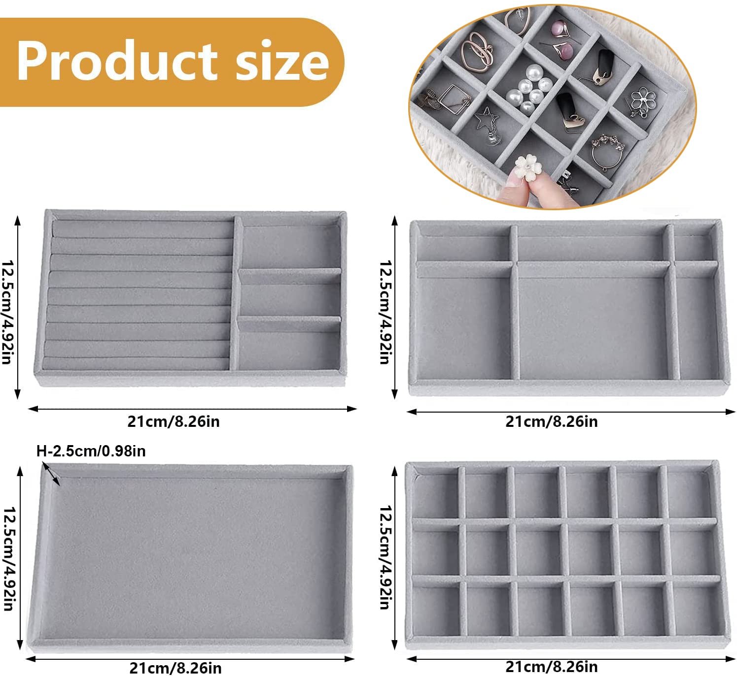 Jewelry Organizer for Drawers Tray Jewelry Stackable Jewelry Organizer for Storage and Display Earrings Necklaces 4PCS (Gray) - Image 2