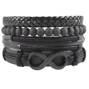 THE MEN THING Lather Bracelet for Men – 4Pcs Genuine Braided Leather Bracelet Set or Men & Boys (8inch)