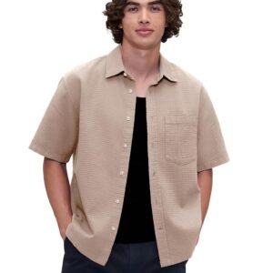 Pinkmint Men Cotton Blend Popcorn Texture Shirt – Soft, Lightweight, Breathable Short Sleeve Button Down for Casual Wear