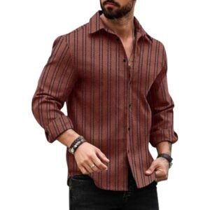 DEELMO Stylish Men’s Polyester Blend Full Sleeve Casual & Formal Shirt || Soft Breathable Fabric || Elegant Vertical Pattern || Comfortable Regular Fit || Perfect for Office Party