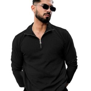 KAJARU Men’s Quarter Zip Pullover T-Shirt, Textured Ribbed Long Sleeve, Casual Mock Neck