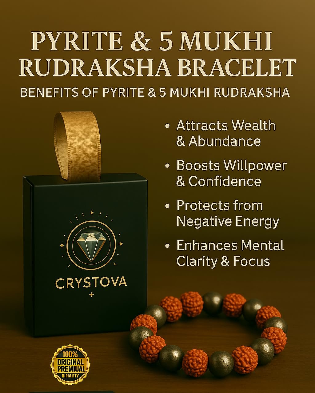 GemAura Collection – Natural Pyrite & 5 Mukhi Rudraksha Bead Bracelet for Men & Women | Zodiac Bracelet for Aries, Taurus, Gemini, Cancer, Leo, Virgo, Libra, Scorpio, Sagittarius, Capricorn, Aquarius & Pisces | Designed to Attract Wealth, Enhance Focus, Boost Confidence & Mindfulness | Handmade Spiritual | Stretchable 7-Inch Unisex - Image 9