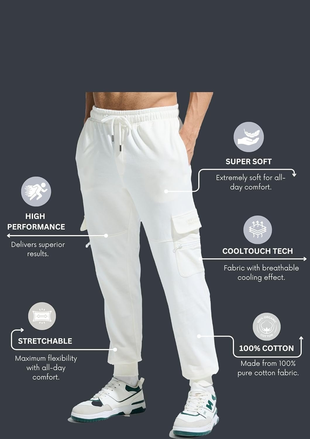 DOMIN8 Men's Stretchable Pure Cotton Cut & Sew Multi-Pocket Breathable Joggers for Everyday Use - Image 3